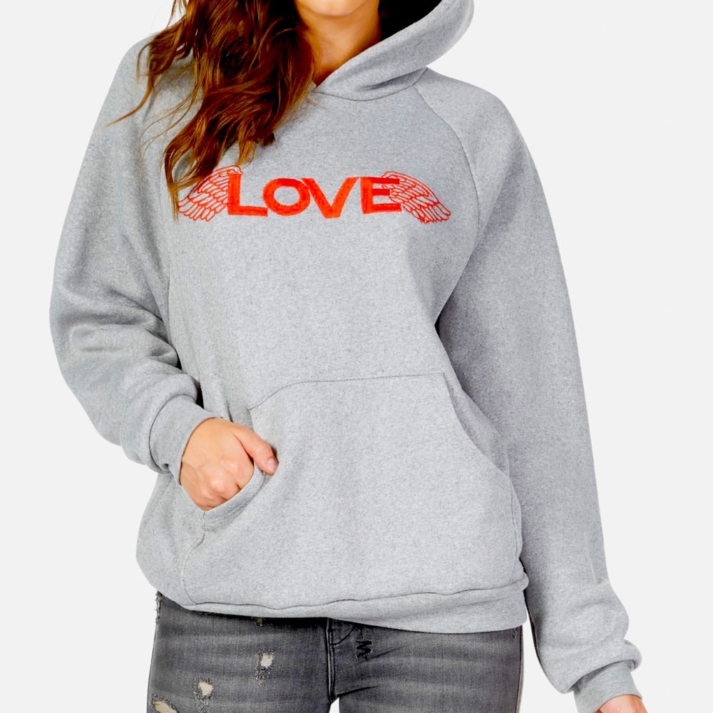 LAUREN MOSHI Renee Pullover Hoodie W Pockets with Love Wings Embroidery